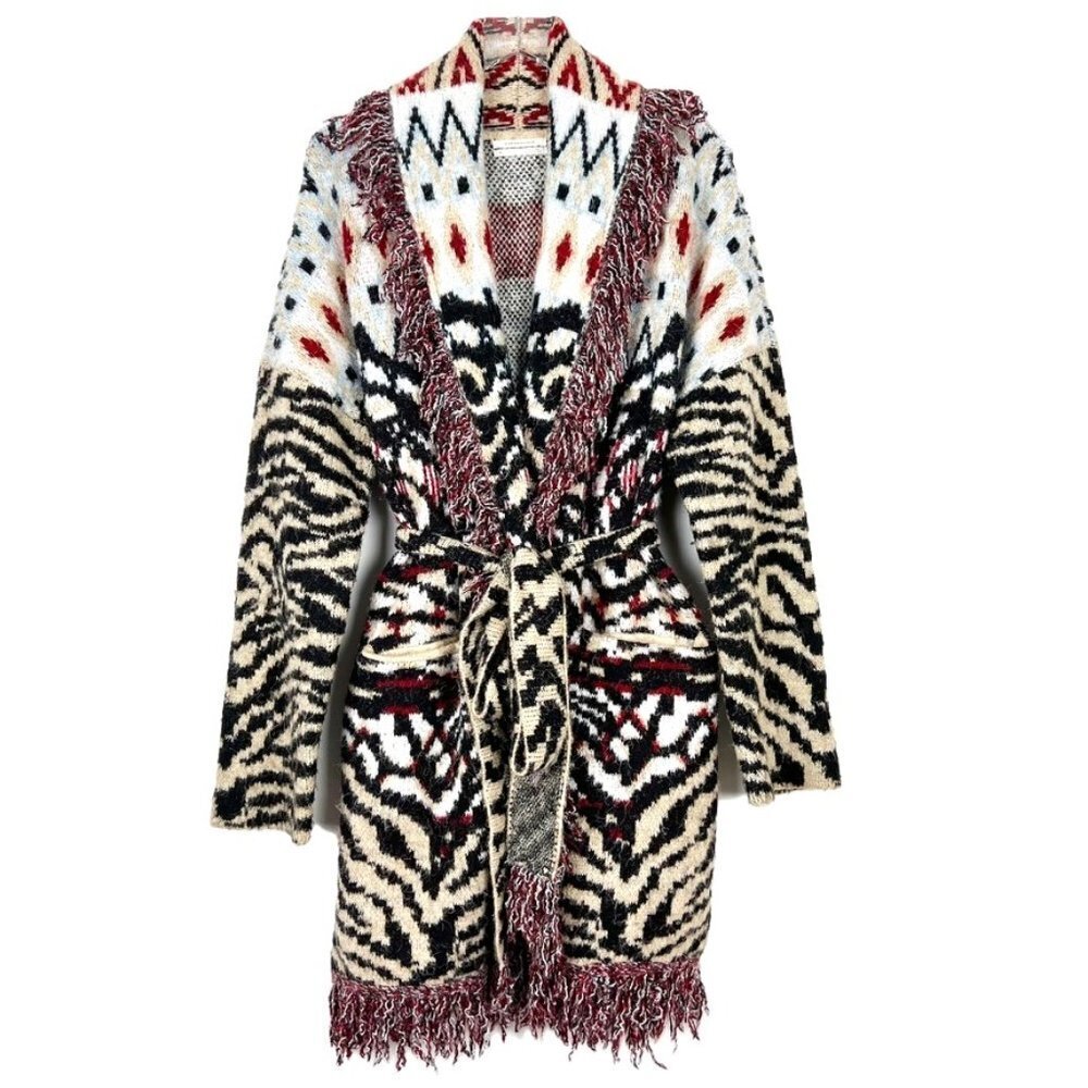 Anthropologie Sweater Women's 1X Paloma Fringed Animal Print Belted Cardigan - Picture 14 of 15